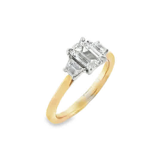 9ct 3 Stone Emerald Cut Centre Cultured Diamond Ring With Cultured Trapezium Shoulders 1.41ct