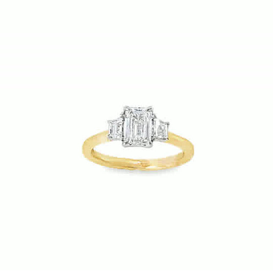 9ct 3 Stone Emerald Cut Centre Cultured Diamond Ring With Cultured Trapezium Shoulders 1.41ct