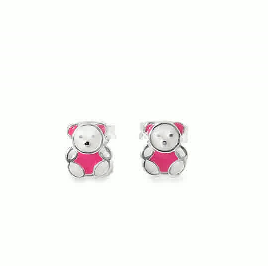 Sterling Silver Pink & White Enamel Kids Teddy Bear Earrings