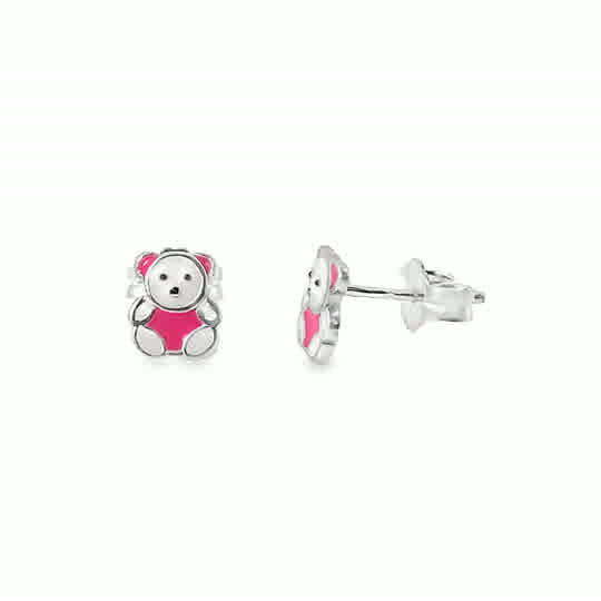 Sterling Silver Pink & White Enamel Kids Teddy Bear Earrings