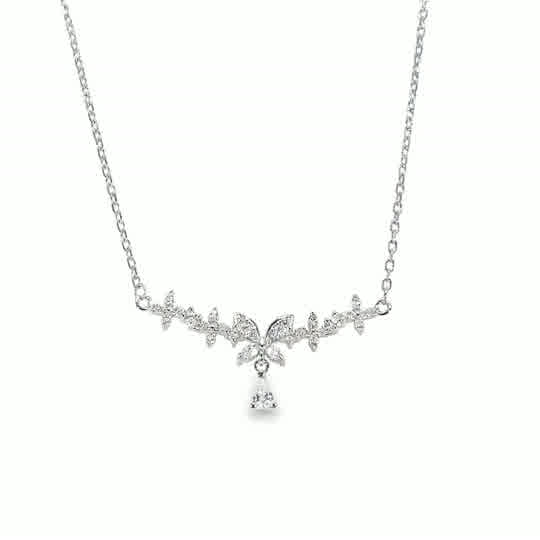 Sterling Silver CZ Floral Hammock Necklet With Butterfly Pear Drop Centre