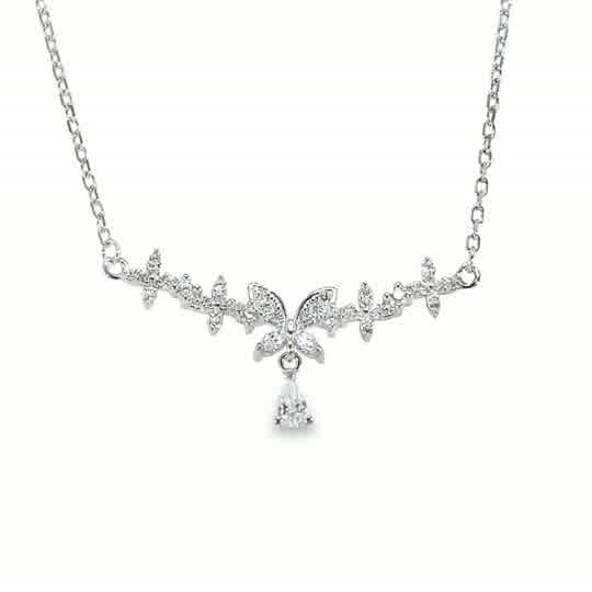 Sterling Silver CZ Floral Hammock Necklet With Butterfly Pear Drop Centre
