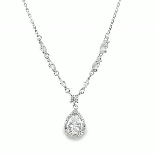 Sterling Silver CZ Marquise Necklet With Open CZ Pear Halo Drop