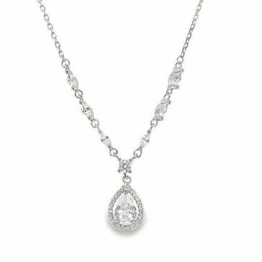 Sterling Silver CZ Marquise Necklet With Open CZ Pear Halo Drop