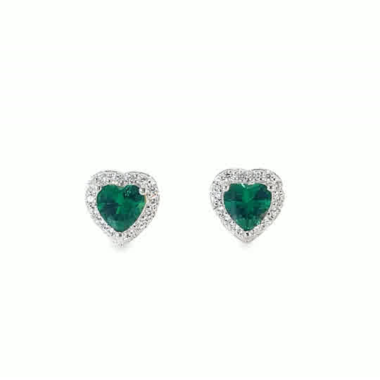 Sterling Silver CZ Green Heart Earrings With CZ Halo