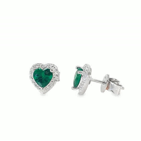 Sterling Silver CZ Green Heart Earrings With CZ Halo