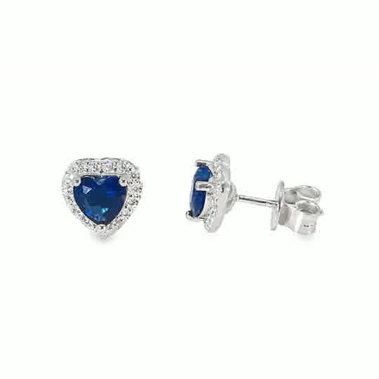 Sterling Silver CZ Dark Blue Heart Earrings With CZ Halo