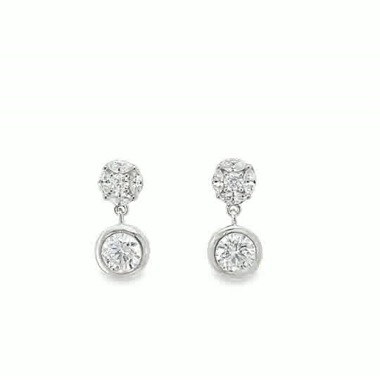Sterling Silver Cubic Zirconia Round Cluster & Rubover Drop Earrings