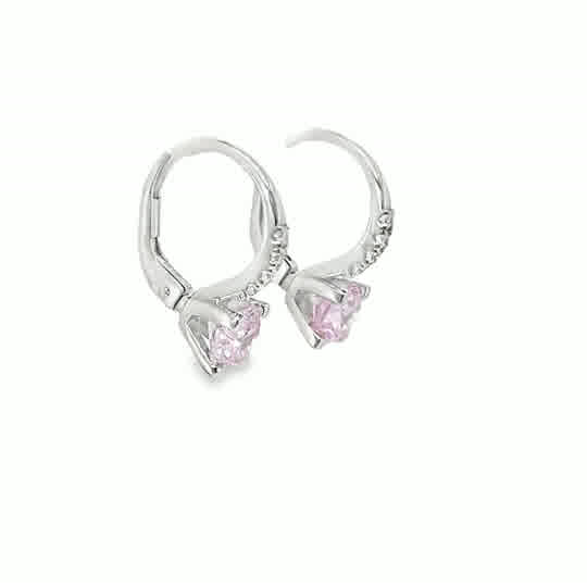 Sterling Silver CZ Round Pink Drop Earrings