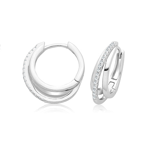 Sterling Silver Three Row CZ and Polished Hoop Earrings