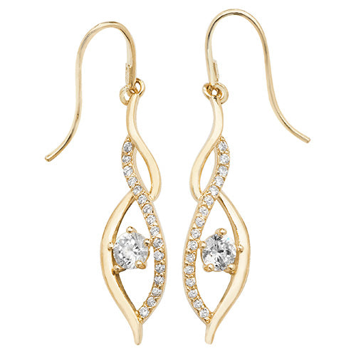 9ct Yellow Gold CZ Swirl Drop Earrings with Shepherd's Hook