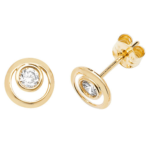 9ct Yellow Gold Rubover CZ Circle Stud Earrings