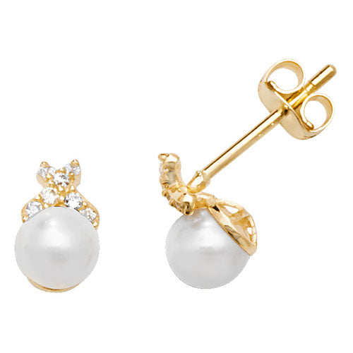 9ct Yellow gold Synthetic Pearl Stud Earrings with CZ Detail