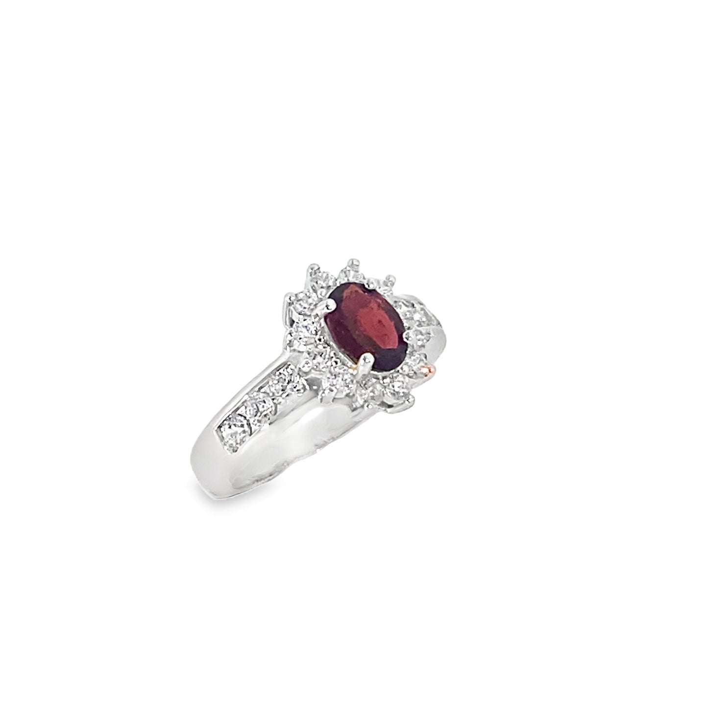 Sterling Silver Oval Natural Garnet Ring with CZ Halo and Shoulders