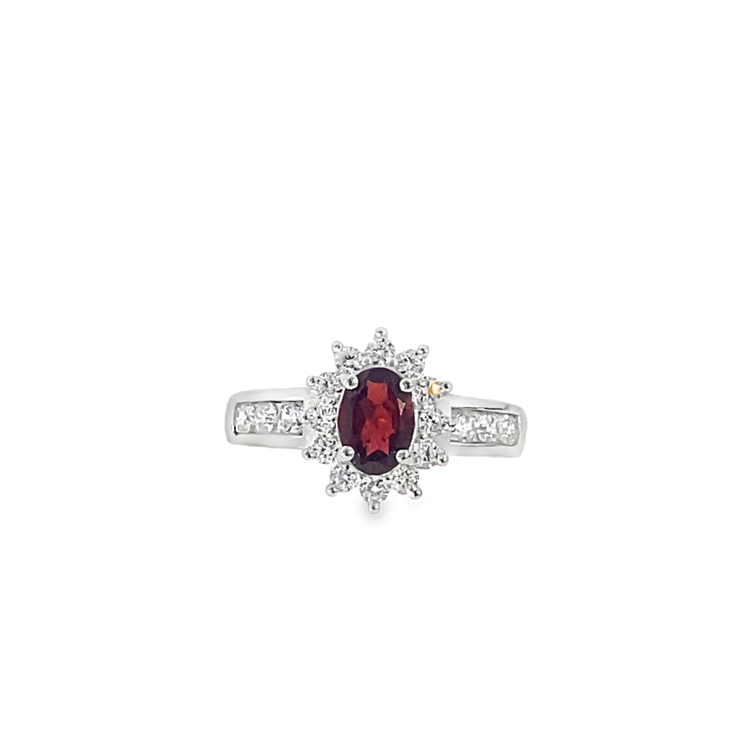 Sterling Silver Oval Natural Garnet Ring with CZ Halo and Shoulders