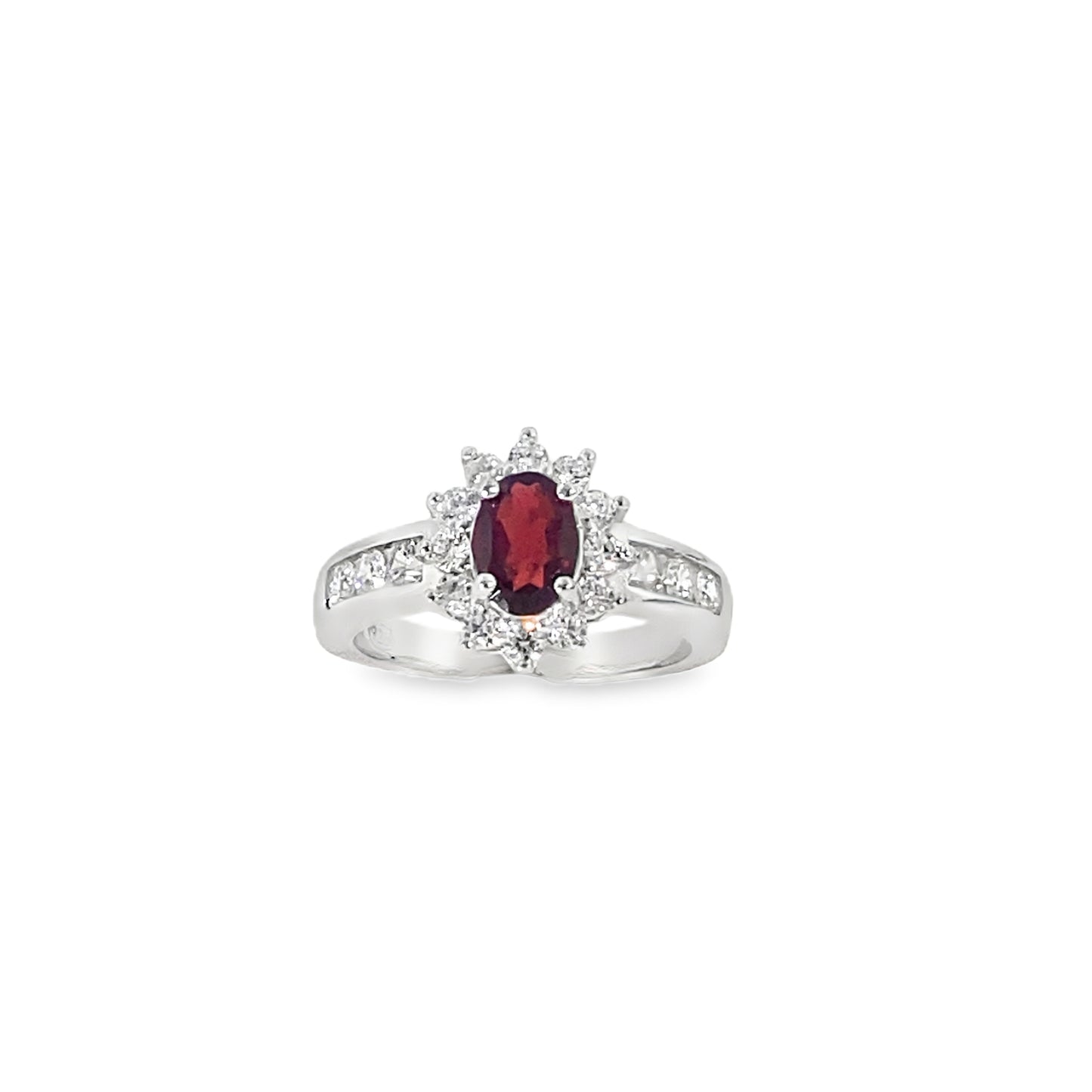 Sterling Silver Oval Natural Garnet Ring with CZ Halo and Shoulders