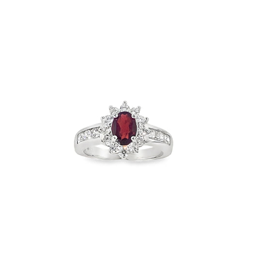 Sterling Silver Oval Natural Garnet Ring with CZ Halo and Shoulders