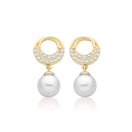 9ct Yellow Gold CZ and Polished Open Circle Earrings with Synthetic Pearl Drop