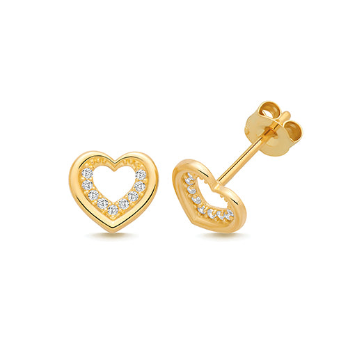 9ct Yellow Gold CZ and Polished Open Heart Earrings