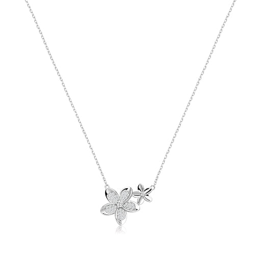 Sterling Silver CZ and Polished Double Flower Necklet