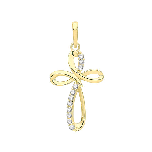 9ct Yellow Gold Open CZ and Polished Cross Pendant