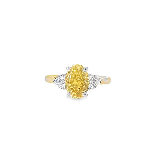 9ct Oval Cultured Fancy Vivid Yellow Diamond Ring With Cultured Heart Cut Diamond Shoulders 2.50ct