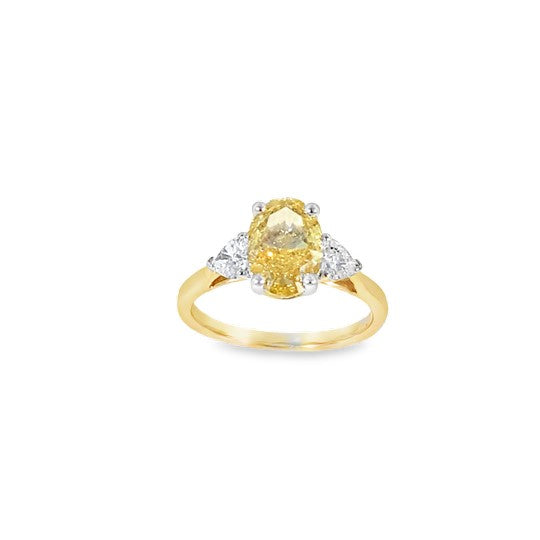9ct Oval Cultured Fancy Vivid Yellow Diamond Ring With Cultured Heart Cut Diamond Shoulders 2.50ct
