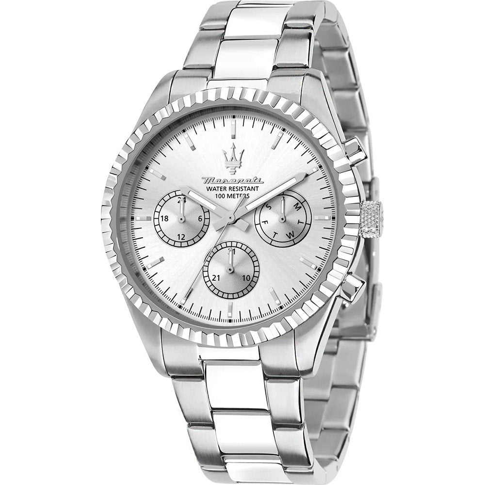 Gents Stainless Steel Maserati Competizione Round Silver Chrongraph Watch