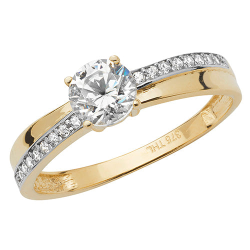 9ct Yellow Gold CZ Solitaire Ring with Crossover CZ Shoulders