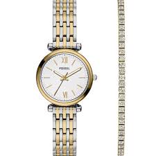 Ladies Two Tone Carlie Fossil Watch Set With CZ Tennis Bracelet
