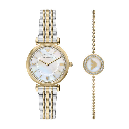 Ladies Two Tone Armani Gianni Mother Of Pearl  Dial Watch Set With Mother Of Pearl Bracelet