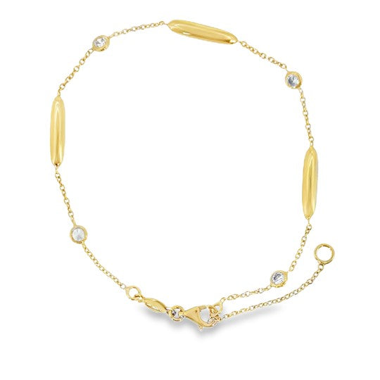 9ct Yellow Gold Round Rubover CZ Bracelet With Bars 8"