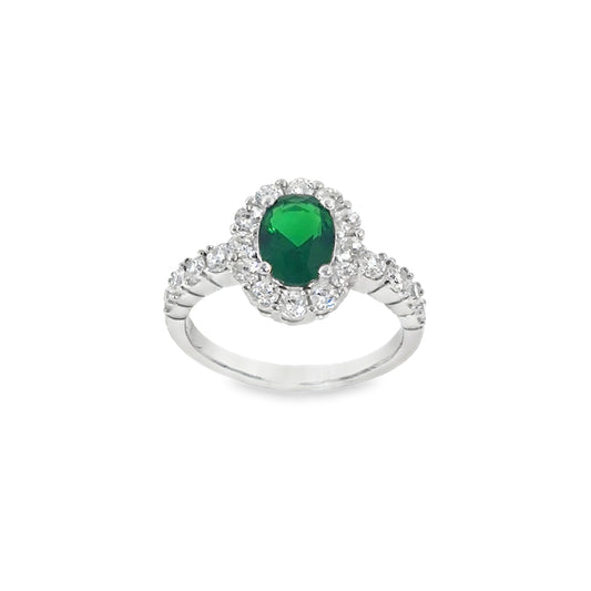 Sterling Silver Oval Green CZ Ring with CZ Halo and Shoulders