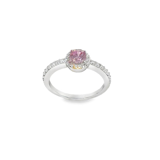 Sterling Silver Round Pink CZ Ring with CZ Halo and Shoulders