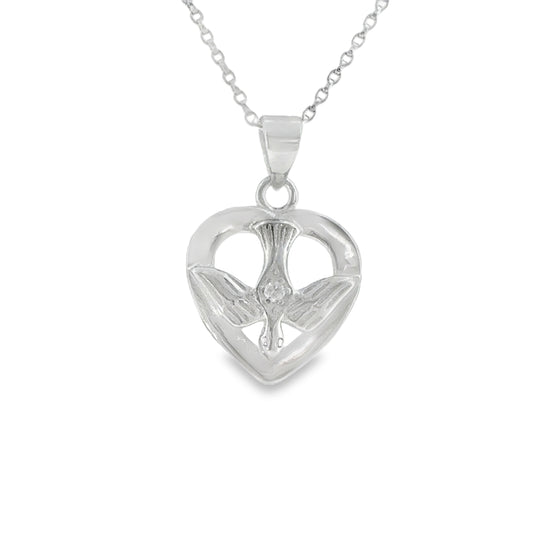 Sterling Silver Open Heart Dove Pendant with CZ Centre