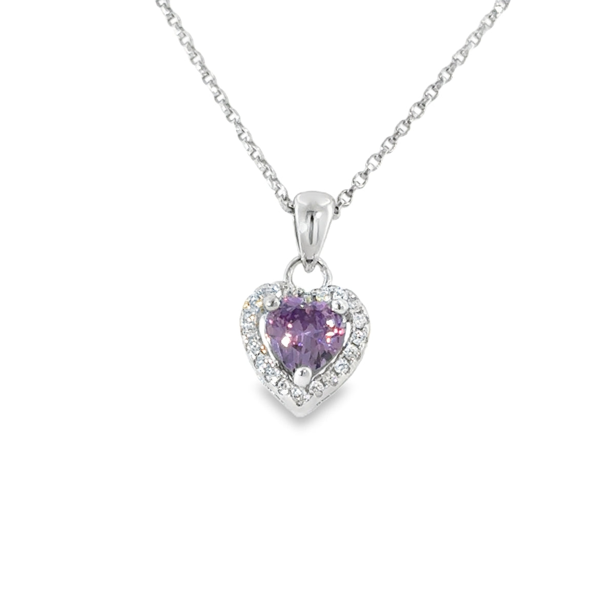 Sterling Silver Purple CZ Heart Pendant with Cz Halo
