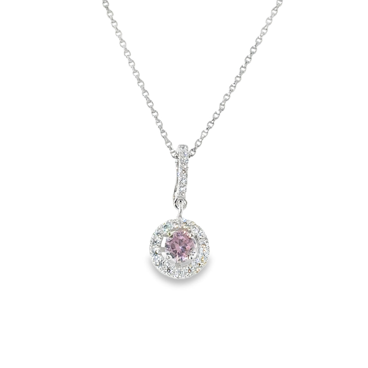 Sterling Silver Round Pink CZ Cluster Pendant with CZ Baile