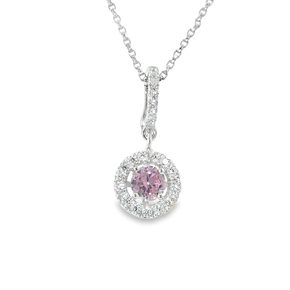 Sterling Silver Round Pink CZ Cluster Pendant with CZ Baile
