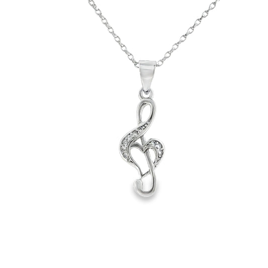 Sterling Silver CZ and Polished Heart Treble Clef Pendant