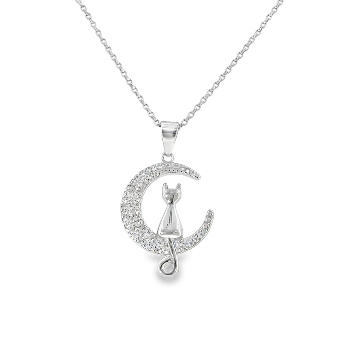 Sterling Silver Cat on CZ Moon Pendant