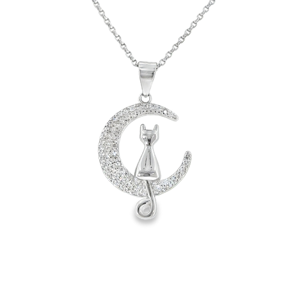 Sterling Silver Cat on CZ Moon Pendant