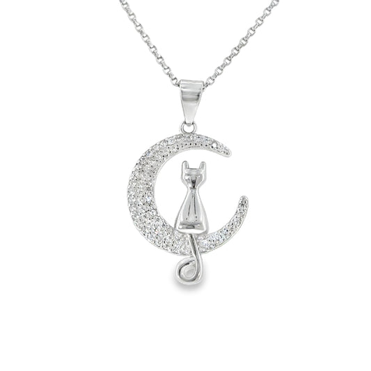 Sterling Silver Cat on CZ Moon Pendant