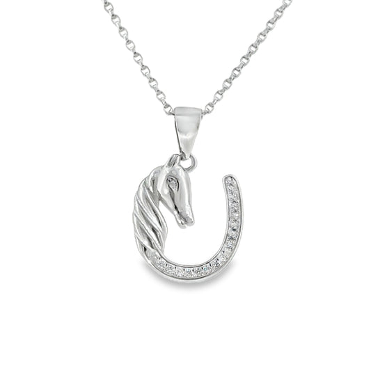 Sterling Silver CZ Horse and Horseshoe Pendant