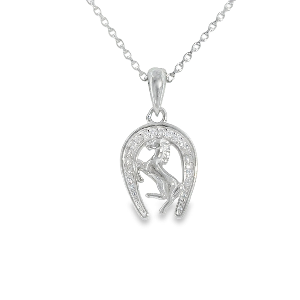 Sterling Silver CZ Horse in Horseshoe Pendant