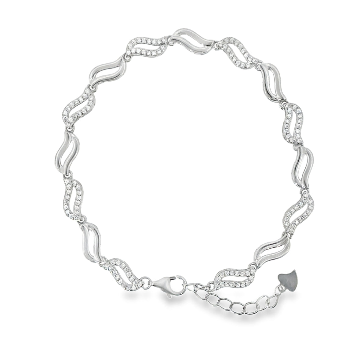Sterling Silver CZ & Polished Open Swirl Link Bracelet