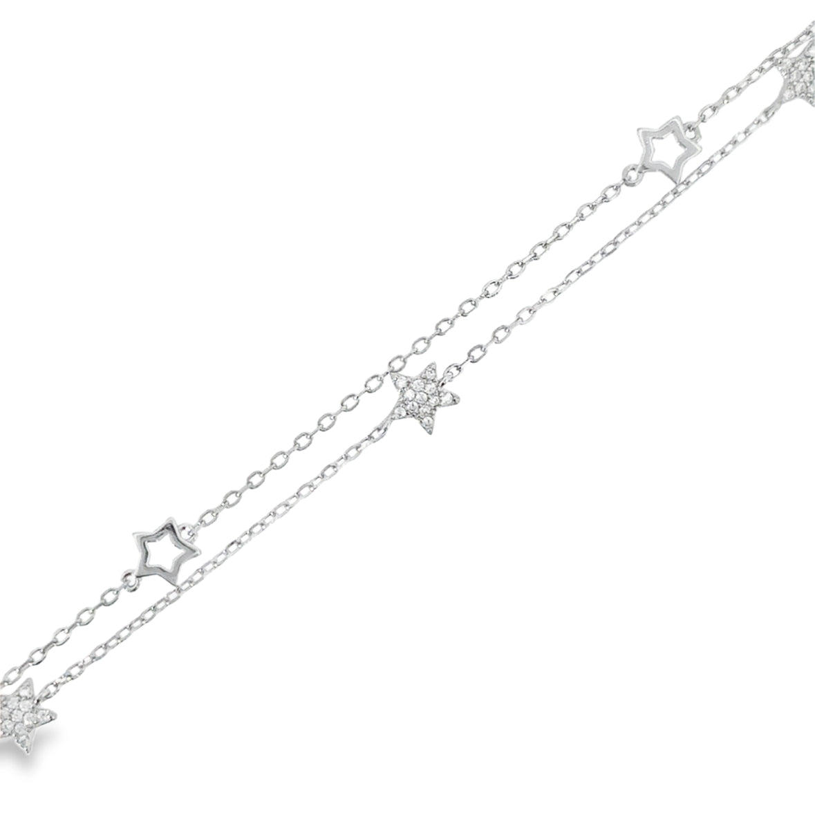 Sterling Silver Double Row Open & CZ Pave Star Bracelet