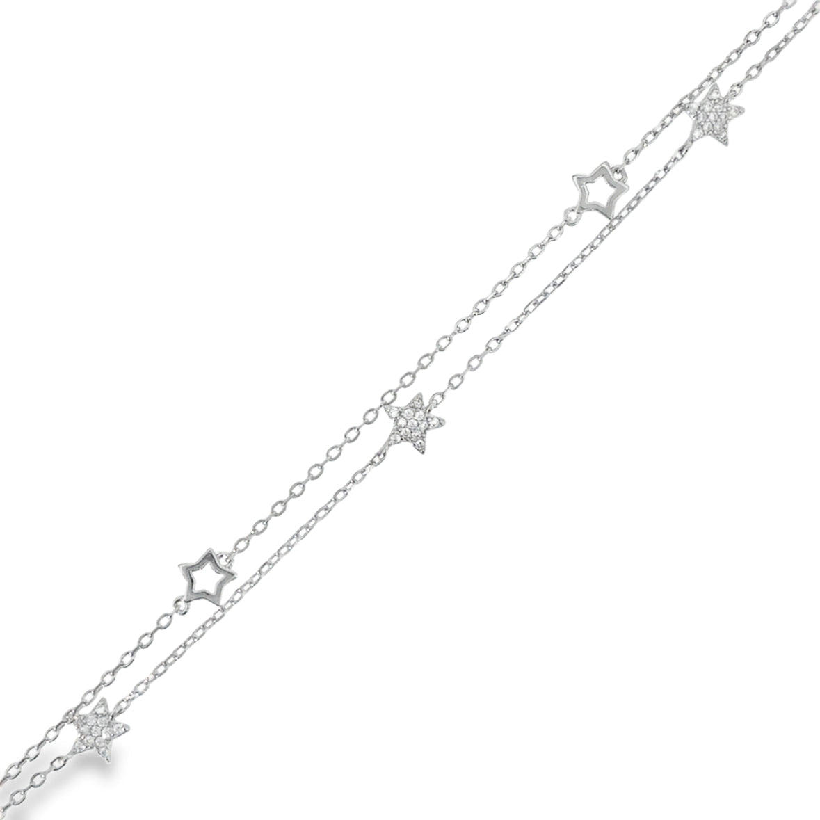 Sterling Silver Double Row Open & CZ Pave Star Bracelet