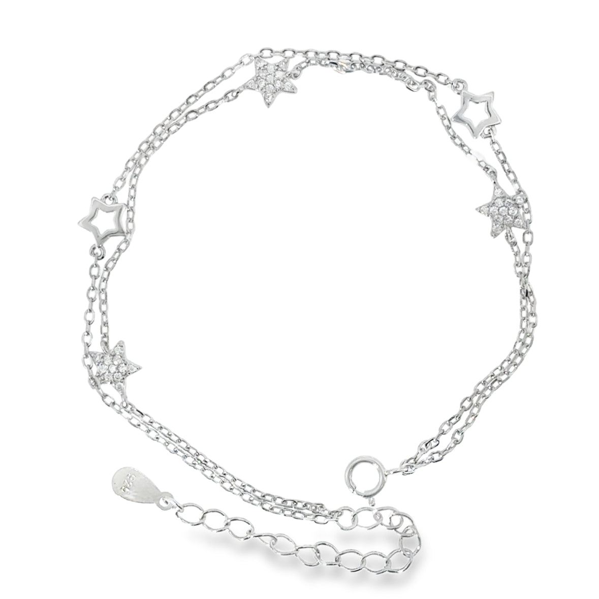 Sterling Silver Double Row Open & CZ Pave Star Bracelet