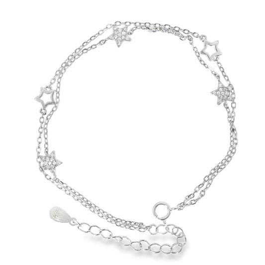 Sterling Silver Double Row Open & CZ Pave Star Bracelet