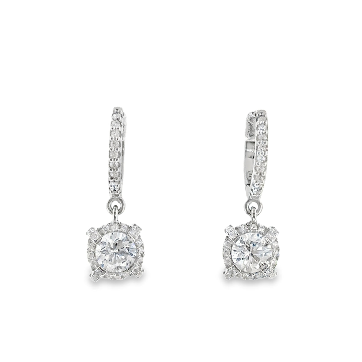Sterling Silver CZ Round Halo Drop Huggie Earrings